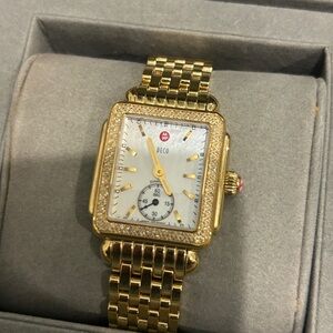 Michele Deco Watch - Gold 16mm with Mother of Pearl and Diamonds